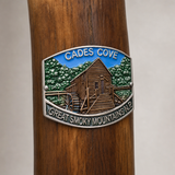 Great Smoky Mt. National Park Cades Cove (Cable Mills) hiking stick medallion installed on a wooden hiking staff