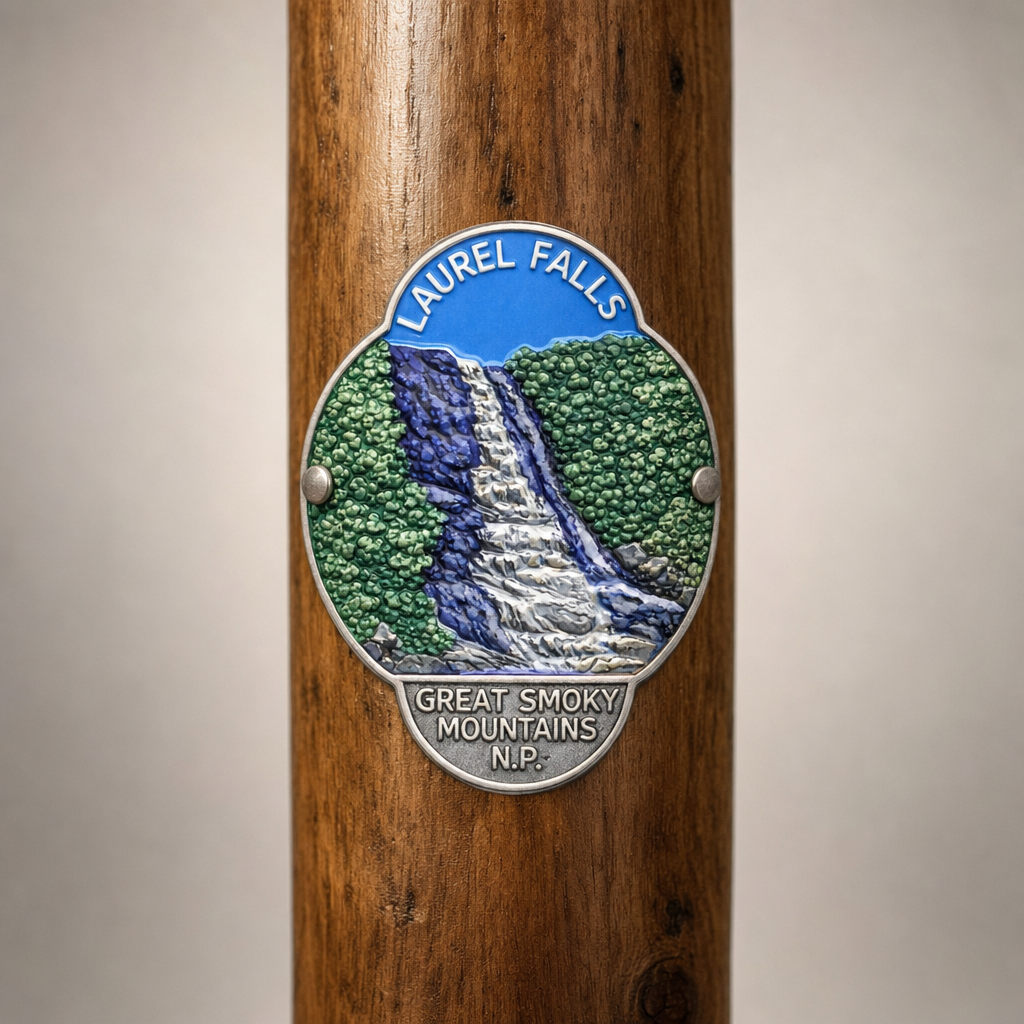 Great Smoky Mt. National Park Laurel Falls hiking stick medallion installed on a wooden hiking staff