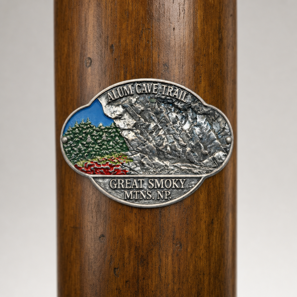 Great Smoky Mt. National Park Alum Cave Trail hiking stick medallion installed on a wooden hiking staff