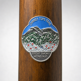Great Smoky Mt. National Park Chimney Tops Trail hiking stick medallion installed on a wooden hiking staff