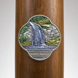 Great Smoky Mt. National Park Grotto Falls hiking stick medallion installed on a wooden hiking staff